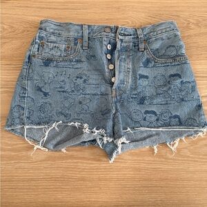 Levi's Women's 501 high rise blue denim shorts with Peanuts graphic
